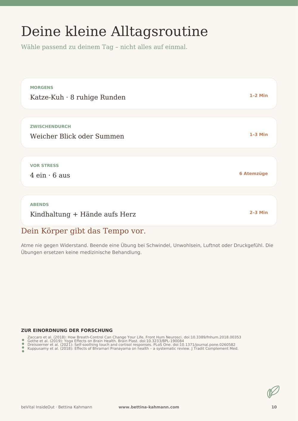 Seite zur kleinen Alltagsroutine aus dem PDF 8 kleine Yoga-Rituale