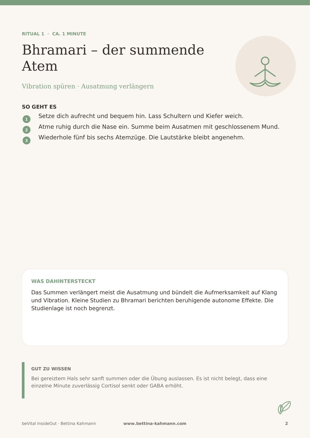 Seite zu Bhramari, dem summenden Atem, aus dem PDF 8 kleine Yoga-Rituale
